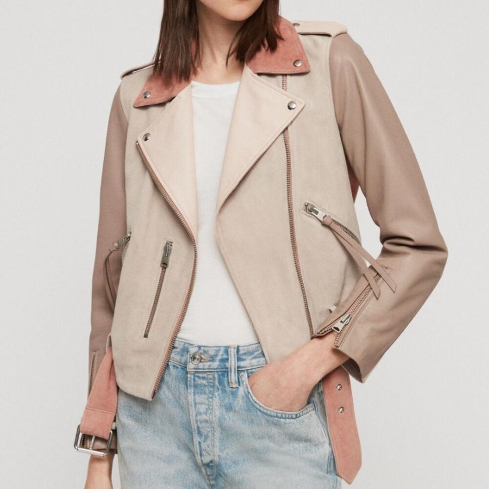 New ALLSAINTS Balfern Mix Crop Biker Moto Jacket Belted Suede Leather Pink‎ Sz 0